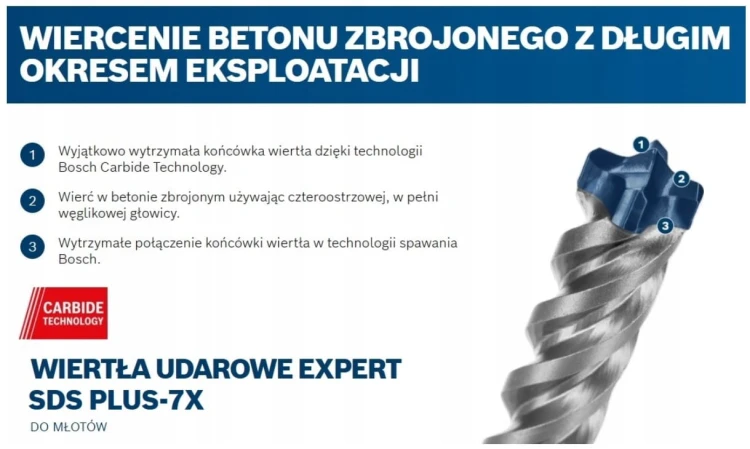 Do 3x dłuższa żywotność w twardym żelbecie dzięki technologii Bosch Carbide Technology 2608900076