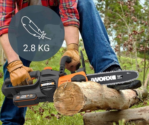 Beznarzędziowy system napinania Auto-Tension i okienko wskaźnika oleju w pilarce WORX WG322E.9