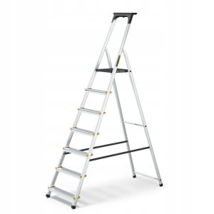 DRABEST Aluminiowa drabina PRO z półką na narzędzia 7 stopni  150 kg