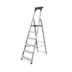 DRABEST Aluminiowa drabina PRO z półką na narzędzia 6 stopni 150 kg
