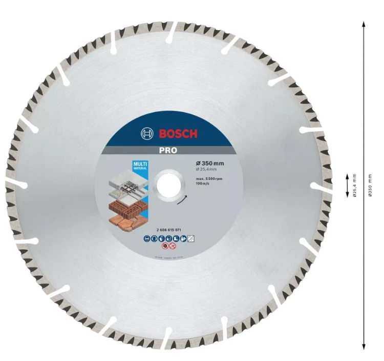 Laserowo spawane segmenty diamentowe o wysokości 10 mm w tarczy Bosch 350 mm
