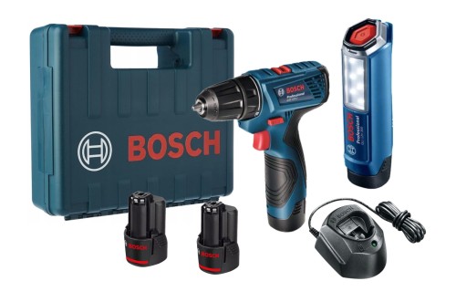 Zestaw combo Bosch GSR 120-LI latarka GLI 12V-300 2 akumulatory 2.0Ah walizka 06019G8004