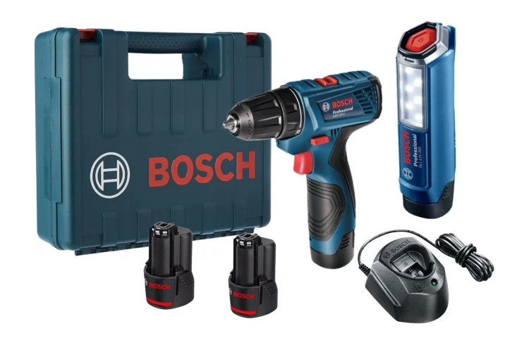 Zestaw combo Bosch GSR 120-LI latarka GLI 12V-300 2 akumulatory 2.0Ah walizka 06019G8004