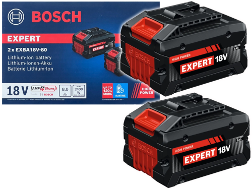 Dwa akumulatory 18V Bosch Professional EXBA18V-80 8Ah ze wskaźnikami poziomu naładowania