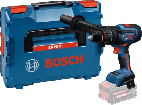 Wiertarko-wkrętarka udarowa 150 Nm Bosch EXPERT EXSB18V-150 z dodatkową rękojeścią obok walizki transportowej
