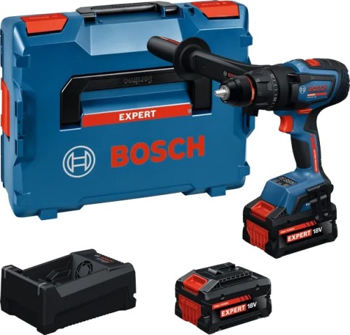 Wiertarko-wkrętarka udarowa 150 Nm Bosch EXPERT EXSB18V-150 z 2 akumulatorami, ładowarką i dodatkową rękojeścią obok walizki transportowej