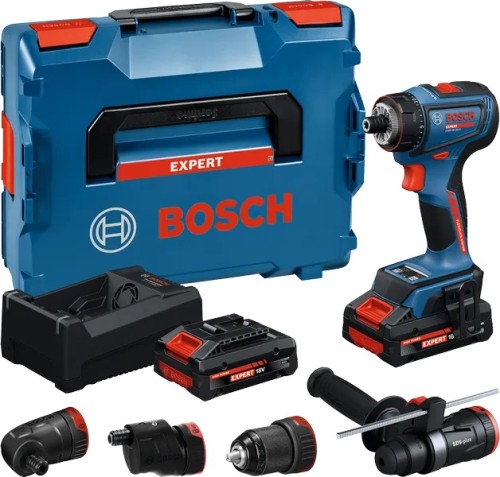 Zestaw Bosch EXPERT FlexiClick EXSR18V-90FC z 2 akumulatorami, ładowarką, uchwytem SDS, rękojeścią i walizką