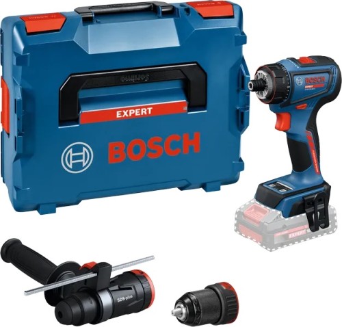 Narzędzie z akcesoriami i walizką (nie w walizce): Wiertarko-wkrętarka Bosch EXPERT EXSR18V-90FC z adapterem SDS, uchwytem wiertarskim, rękojeścią i walizką transportową