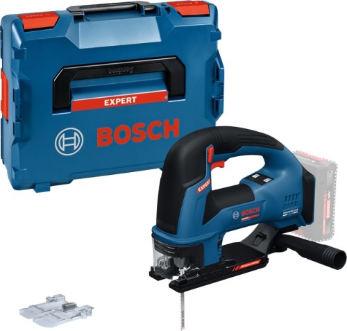 Akumulatorowa wyrzynarka Bosch EXPERT EXST18V-155B z uchwytem żelazkowym obok walizki L-BOXX