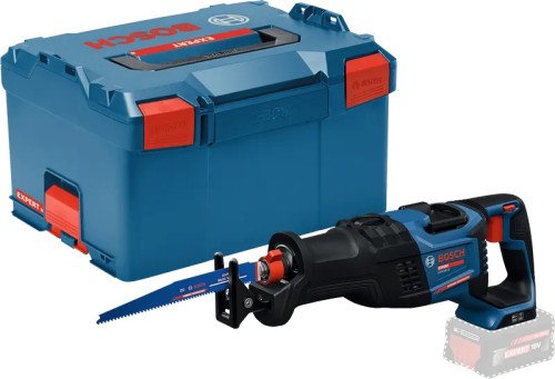 Akumulatorowa piła szablasta lisi ogon 18V Bosch EXPERT EXSA18V-32 stojąca obok walizki transportowej