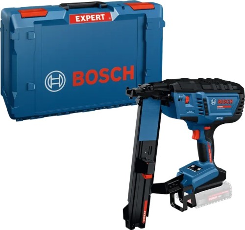 Akumulatorowy zszywacz do drewna Bosch EXPERT EXTH18V-50M obok walizki L-BOXX