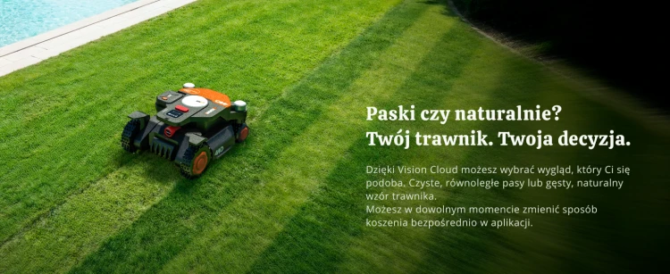 Automatyczna kosiarka WORX WR342E precyzyjnie kosi trawę bez kabla granicznego w dużym ogrodzie o powierzchni do 2000 m2