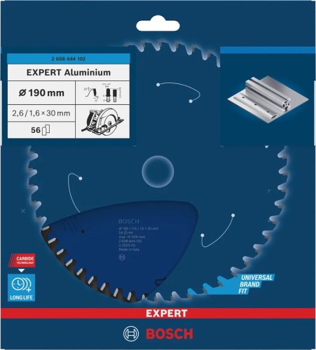Oryginalne opakowanie tarczy Bosch Expert for Aluminium 2608644102 z parametrami technicznymi