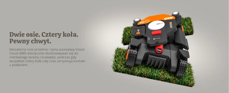 Elastyczne podwozie Terrain-adaptive body oraz układ skrętny kół przednich w robocie Worx WR341E