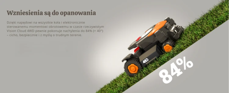 Kosiarka automatyczna 4x4 Worx WR341E pokonuje strome zbocze o nachyleniu do 84 procent