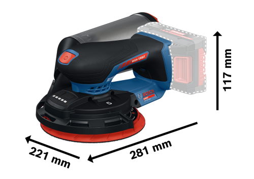 Schemat gabarytów i ergonomiczna, niska konstrukcja korpusu szlifierki Bosch EXPERT EXEX18V-150-5