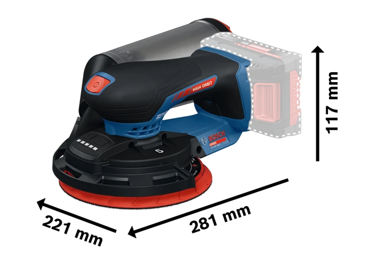Schemat gabarytów i ergonomiczna, niska konstrukcja korpusu szlifierki Bosch EXPERT EXEX18V-150-5