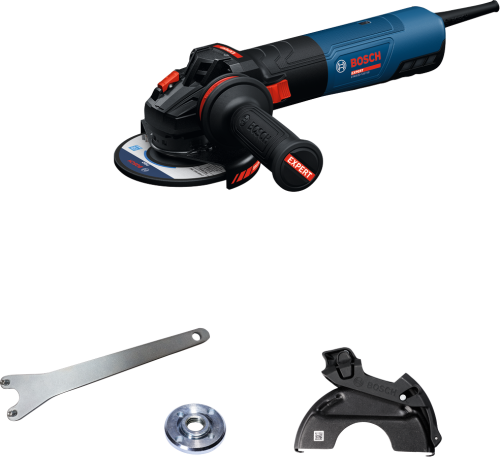 Profesjonalna szlifierka kątowa 125 mm Bosch EXPERT EXWS20-125B z nakrętek mocujących, osłoną i kluczem.