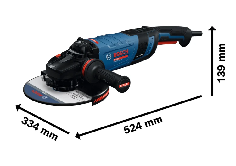 Rysunek techniczny z wymiarami szlifierki Bosch EXPERT EXWS30-230PB