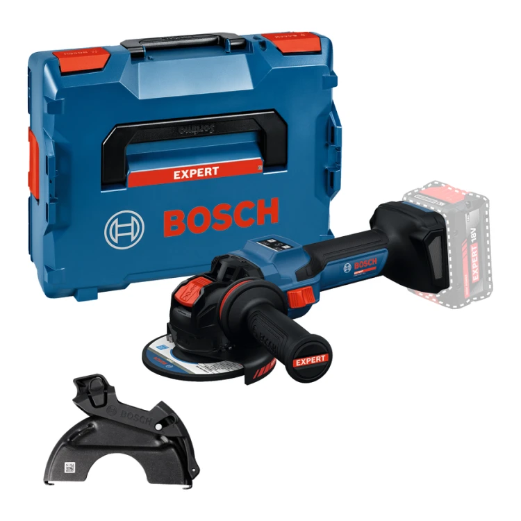Akumulatorowa szlifierka kątowa 18V X-LOCK Bosch EXPERT EXWX18V-15S ustawiona obok walizki transportowej