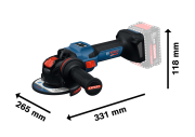 Schemat wymiarów i kompaktowa konstrukcja szlifierki kątowej Bosch EXPERT EXWX18V-15S