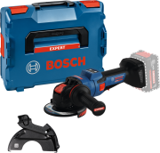 Akumulatorowa szlifierka kątowa X-LOCK Bosch EXPERT EXWX18V-15PS z włącznikiem łopatkowym obok walizki transportowej