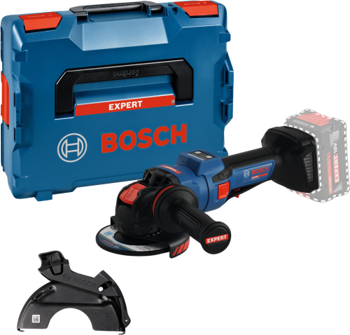 Akumulatorowa szlifierka kątowa X-LOCK Bosch EXPERT EXWX18V-15PS z włącznikiem łopatkowym obok walizki transportowej