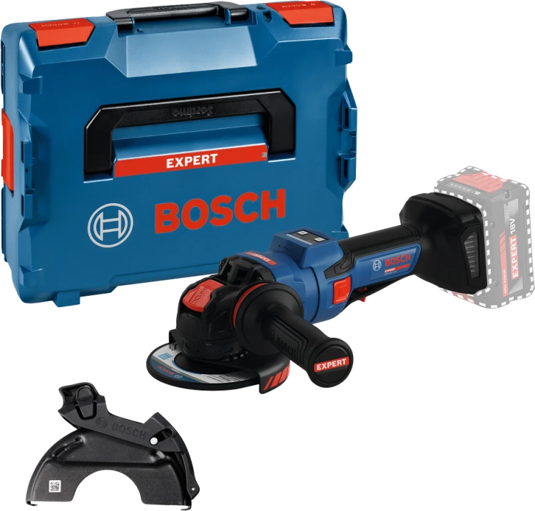 Akumulatorowa szlifierka kątowa X-LOCK Bosch EXPERT EXWX18V-15PS z włącznikiem łopatkowym obok walizki transportowej