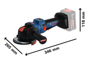 Schemat wymiarów i ergonomiczna, smukła budowa szlifierki Bosch EXPERT EXWX18V-15PS