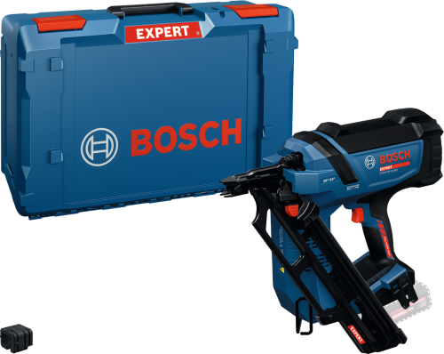 Akumulatorowa gwoździarka konstrukcyjna Bosch EXPERT EXNH18V-90MD obok walizki transportowej