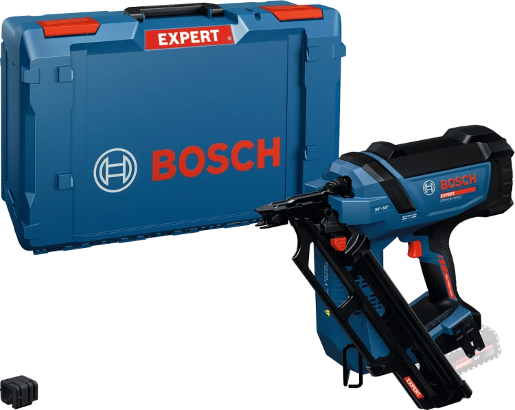 Akumulatorowa gwoździarka konstrukcyjna Bosch EXPERT EXNH18V-90MD obok walizki transportowej