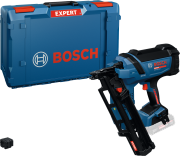 Akumulatorowa gwoździarka taśmowa Bosch EXPERT EXNH18V-90R 18V obok walizki transportowej