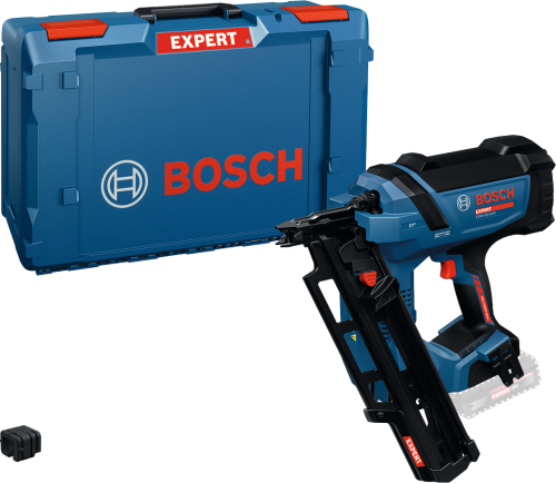 Akumulatorowa gwoździarka taśmowa Bosch EXPERT EXNH18V-90R 18V obok walizki transportowej