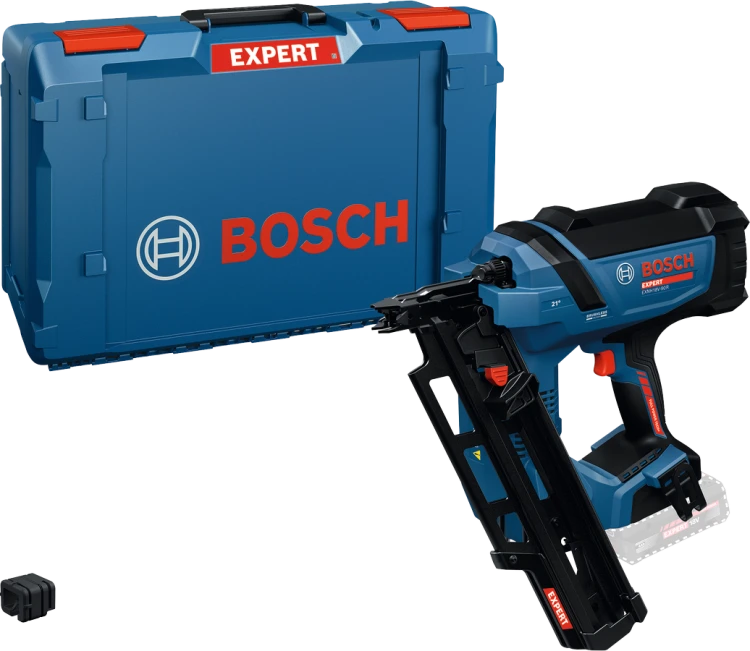 Akumulatorowa gwoździarka taśmowa Bosch EXPERT EXNH18V-90R 18V obok walizki transportowej