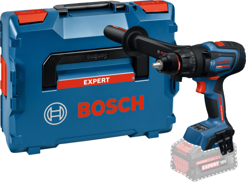 Akumulatorowa wiertarko-wkrętarka Bosch EXPERT EXSR18V-150 z rękojeścią obok walizki transportowej