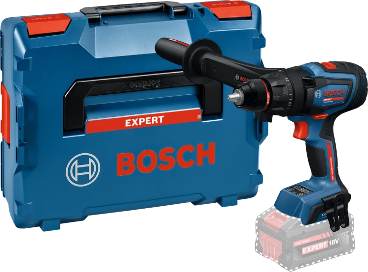 Akumulatorowa wiertarko-wkrętarka Bosch EXPERT EXSR18V-150 z rękojeścią obok walizki transportowej