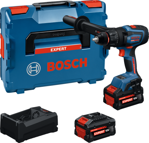 Akumulatorowa wiertarko-wkrętarka Bosch EXPERT EXSR18V-150 z 2 akumulatorami, ładowarką i rękojeścią obok walizki transportowej