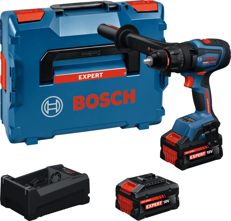 Akumulatorowa wiertarko-wkrętarka Bosch EXPERT EXSR18V-150 z 2 akumulatorami, ładowarką i rękojeścią obok walizki transportowej