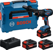 Wiertarko-wkrętarka Bosch EXPERT EXSR18V-150 z 3 akumulatorami, ładowarką i rękojeścią dodatkową obok walizki transportowej