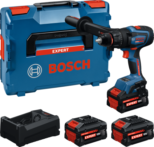 Wiertarko-wkrętarka Bosch EXPERT EXSR18V-150 z 3 akumulatorami, ładowarką i rękojeścią dodatkową obok walizki transportowej