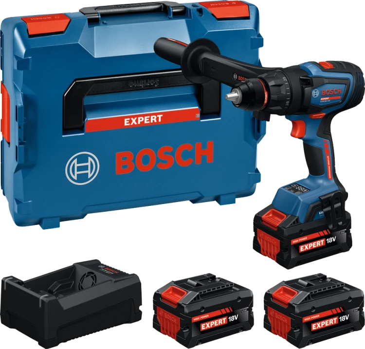 Wiertarko-wkrętarka Bosch EXPERT EXSR18V-150 z 3 akumulatorami, ładowarką i rękojeścią dodatkową obok walizki transportowej