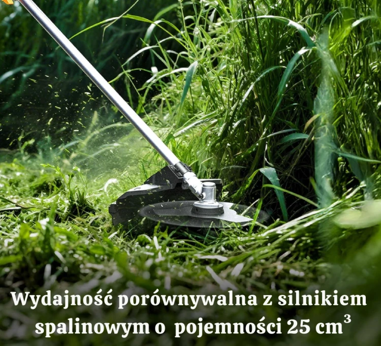 Użytkownik koszący gęstą trawę i chwasty kosą akumulatorową WORX WG084E z szelkami nośnymi