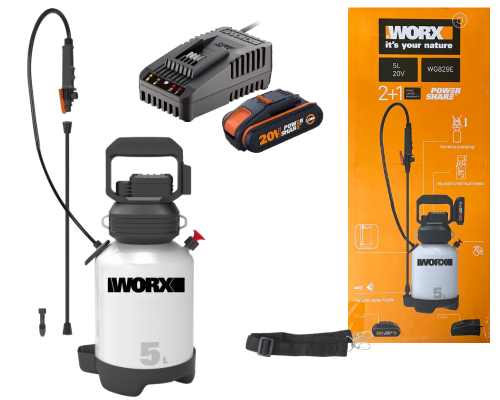 Akumulatorowy opryskiwacz ogrodowy WORX WG829E 20V ze zbiornikiem 5 litrów i pasem na ramię