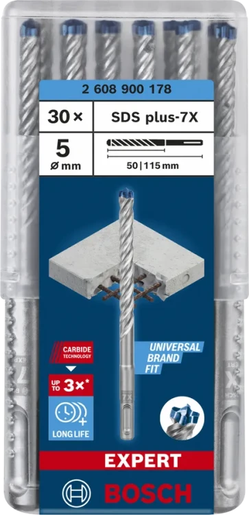 Opakowanie zbiorcze 30 sztuk wierteł Bosch EXPERT SDS Plus-7X 5 x 50 x 115 mm 2608900178