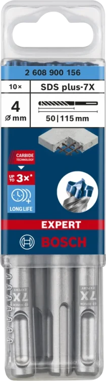 Opakowanie wiertła Bosch EXPERT SDS Plus-7X 4 x 50 x 115 mm z oznaczeniem parametrów technicznych
