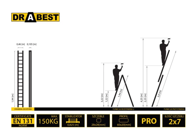 Drabina aluminiowa wysuwana 2x7 DRABEST PRO o długości całkowitej 300 cm