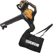 WORX WG583E skonfigurowany jako odkurzacz ogrodowy z szeroką rurą ssącą i workiem na liście 35 l