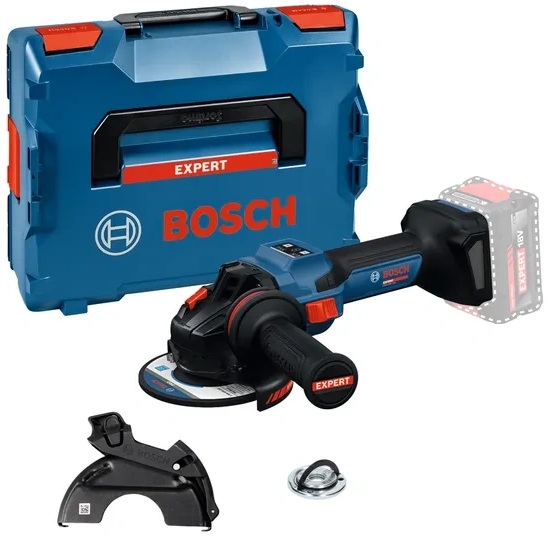 Akumulatorowa szlifierka kątowa 18V Bosch EXPERT EXWS18V-15PS z włącznikiem łopatkowym obok walizki transportowej