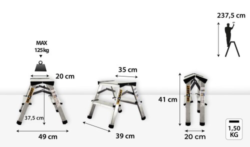 Szeroki podest roboczy 20x34,5 cm drabinki aluminiowej dwustronnej Drabest 2 stopnie