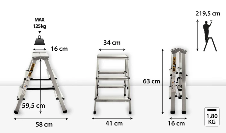 Podest roboczy 16x34 cm na wysokości 59,5 cm w drabince aluminiowej Drabest 3 stopnie